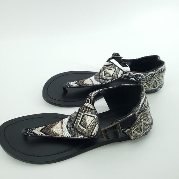 Aspiga Black Silver White T-Strap Hand-beaded Ankle Cuff Sandals Buckle Clasp 38 - Picture 9 of 11